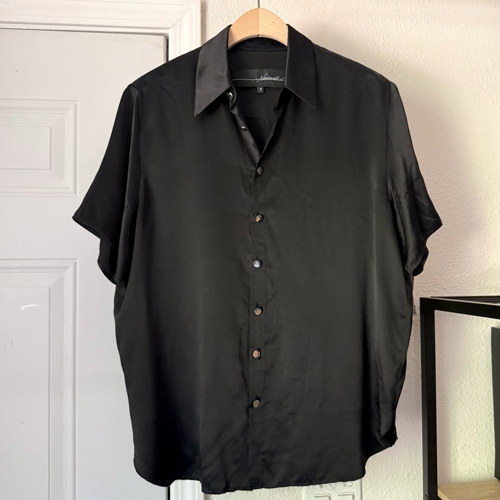 BY THE NAMESAKE black silk short sleeve button up shirt